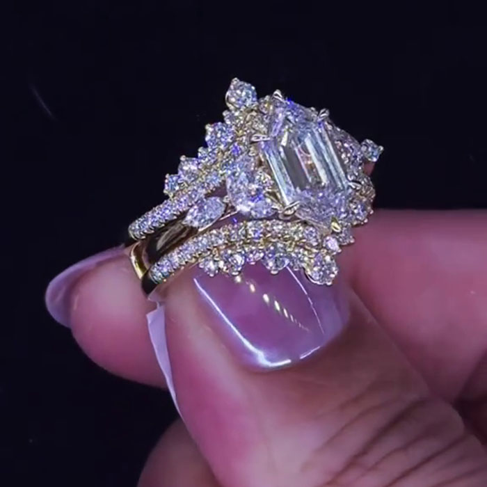 Hexagonal Cut Diamond White 925 Sterling Silver Yellow Gold Art Deco Jacket Ring