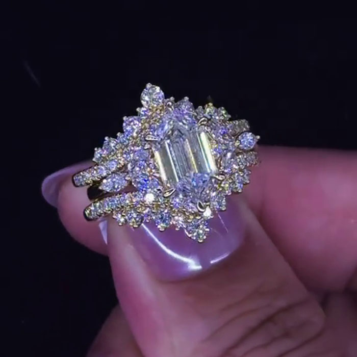 Hexagonal Cut Diamond White 925 Sterling Silver Yellow Gold Art Deco Jacket Ring