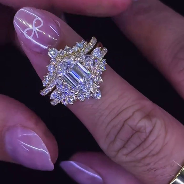 Hexagonal Cut Diamond White 925 Sterling Silver Yellow Gold Art Deco Jacket Ring