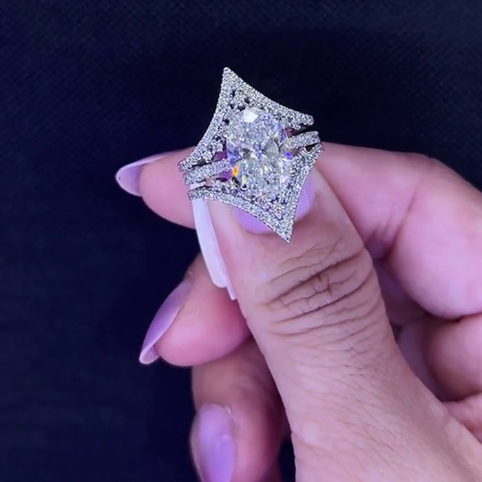 Oval Cut Diamond White 925 Sterling Silver Hidden Halo Jacket Ring