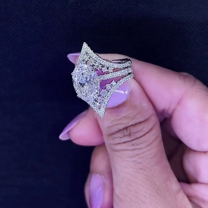 Oval Cut Diamond White 925 Sterling Silver Hidden Halo Jacket Ring