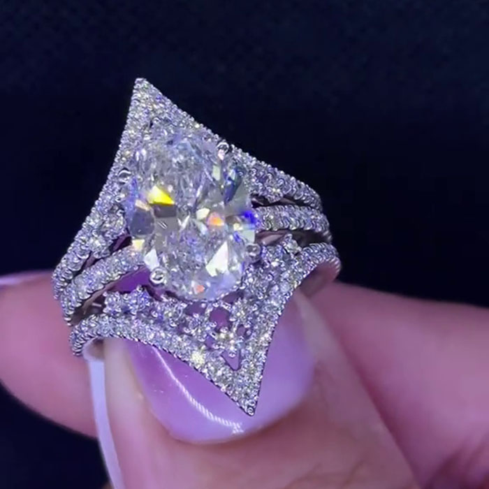 Oval Cut Diamond White 925 Sterling Silver Hidden Halo Jacket Ring