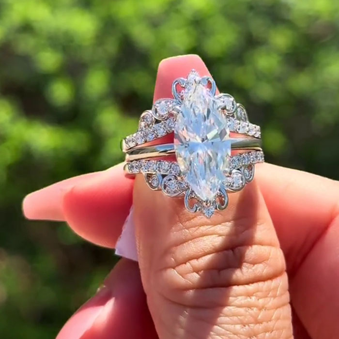 Marquise Cut Diamond White 925 Sterling Silver Hidden Halo Jacket Ring