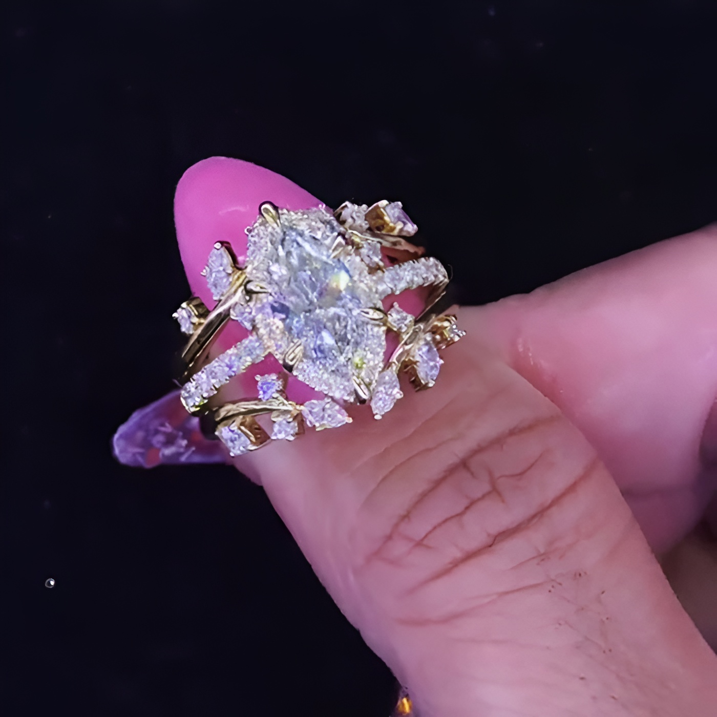 Marquise Cut Diamond White 925 Sterling Silver Yellow Gold Halo Jacket Ring