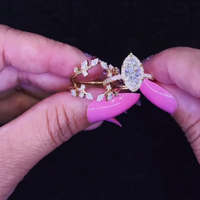 Marquise Cut Diamond White 925 Sterling Silver Yellow Gold Halo Jacket Ring