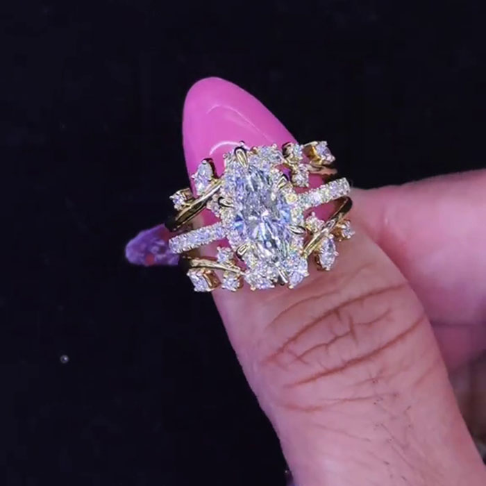 Marquise Cut Diamond White 925 Sterling Silver Yellow Gold Halo Jacket Ring