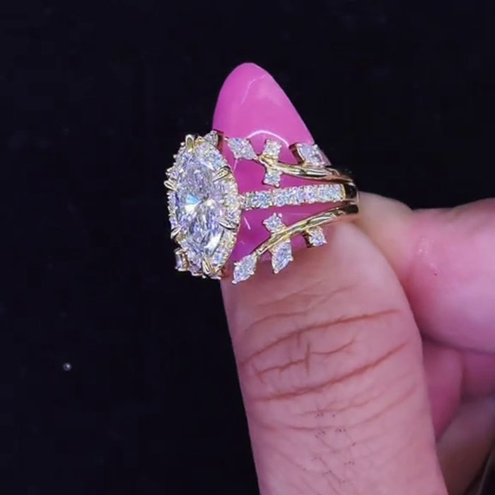 Marquise Cut Diamond White 925 Sterling Silver Yellow Gold Halo Jacket Ring