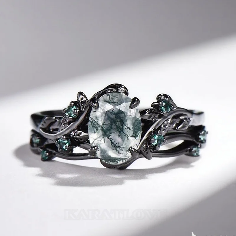Oval Cut Green Moss Agate Nature Inspired Sterling Silver Bridal Ring Set