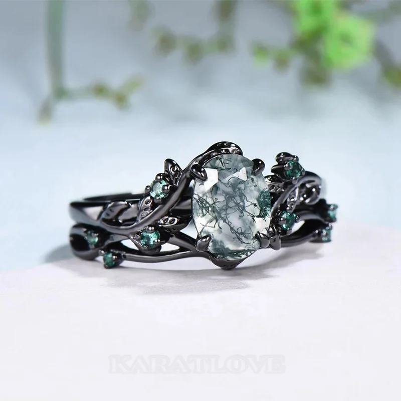 Oval Cut Green Moss Agate Nature Inspired Sterling Silver Bridal Ring Set