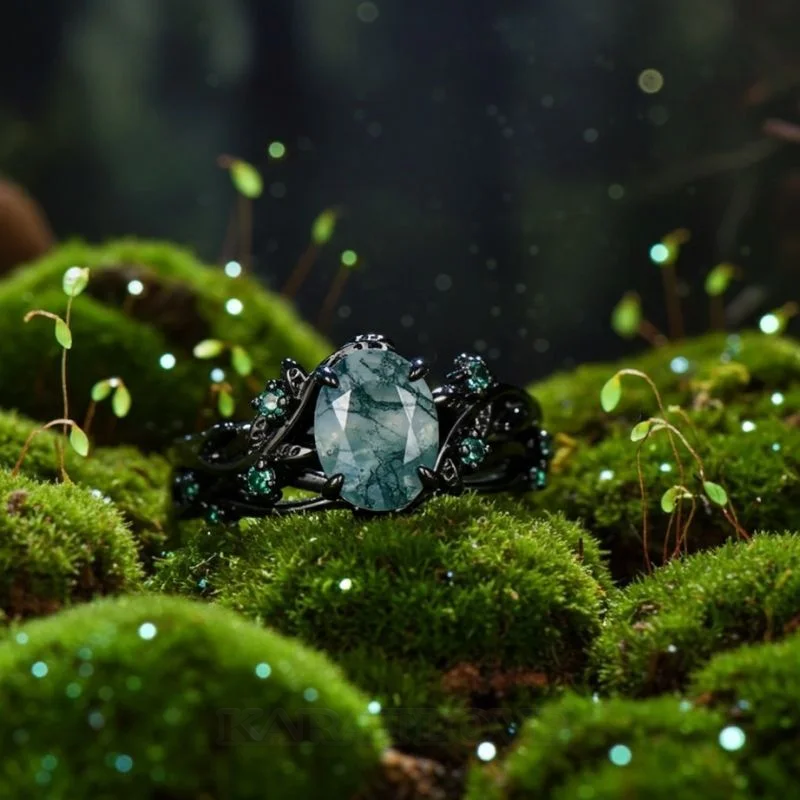 Oval Cut Green Moss Agate Nature Inspired Sterling Silver Bridal Ring Set
