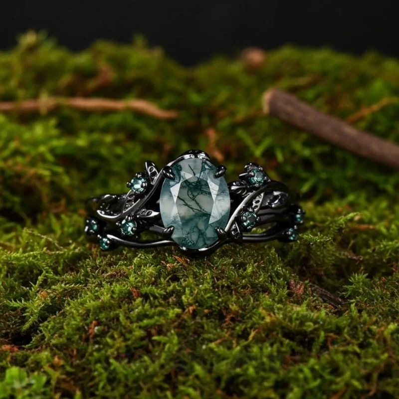 Oval Cut Green Moss Agate Nature Inspired Sterling Silver Bridal Ring Set