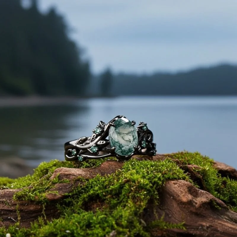 Oval Cut Green Moss Agate Nature Inspired Sterling Silver Bridal Ring Set
