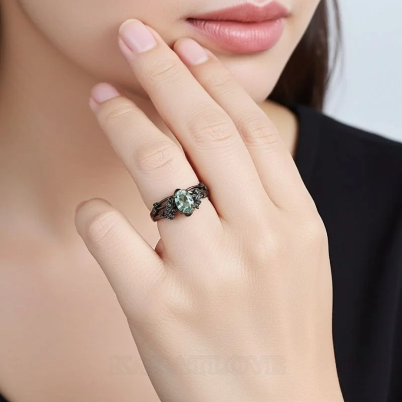 Oval Cut Green Moss Agate Nature Inspired Sterling Silver Bridal Ring Set