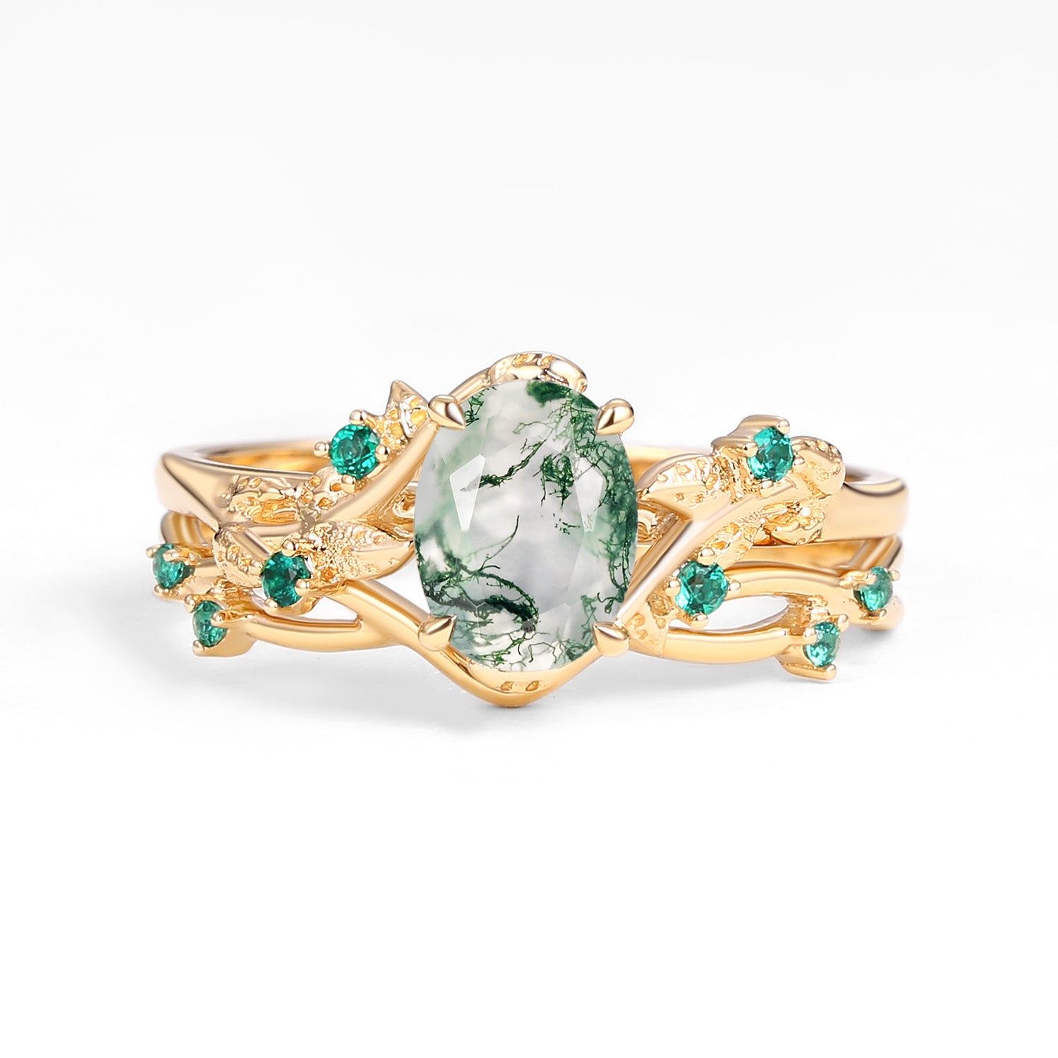Oval Cut Green Moss Agate Nature Inspired Sterling Silver Bridal Ring Set