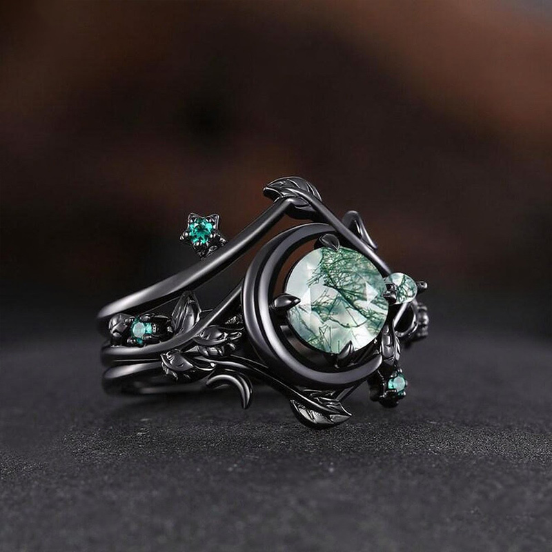 Round Cut Green Moss Agate Nature Inspired Black Sterling Silver Bridal Ring Set