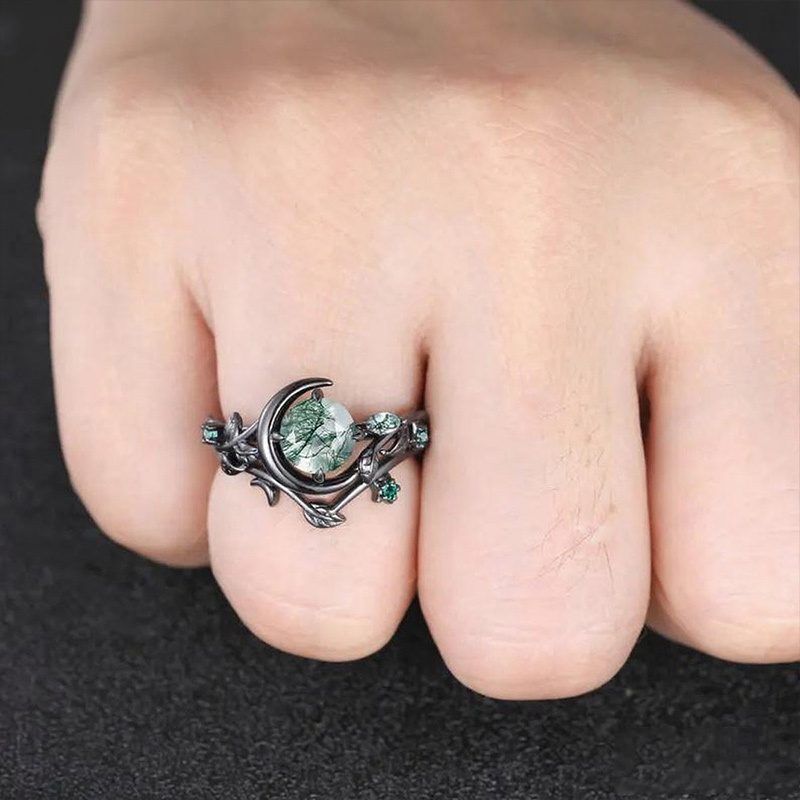 Round Cut Green Moss Agate Nature Inspired Black Sterling Silver Bridal Ring Set