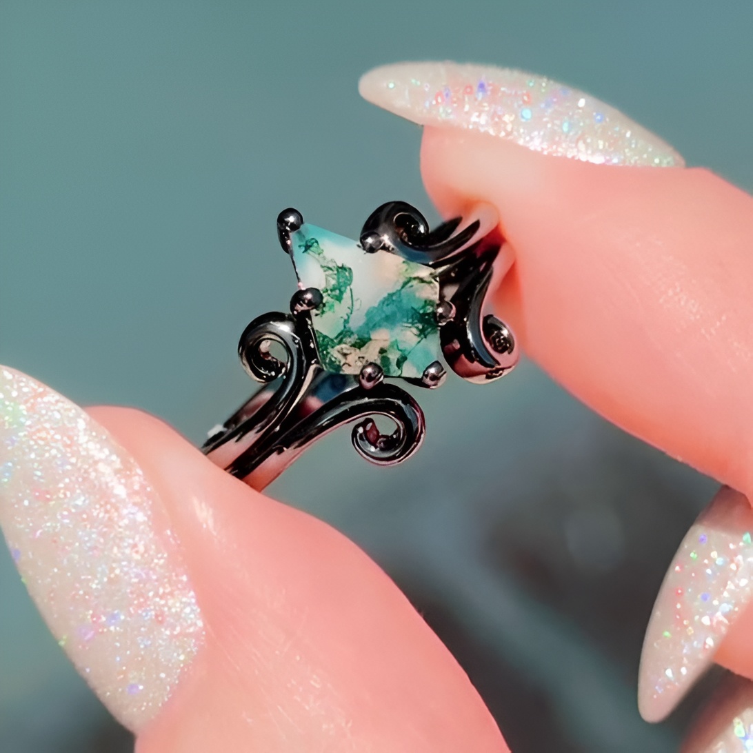 Kite Cut Green Moss Agate Nature Inspired Black Sterling Silver Bridal Sets