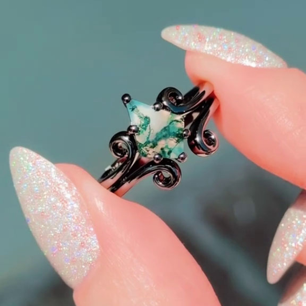 Kite Cut Green Moss Agate Nature Inspired Black Sterling Silver Bridal Sets