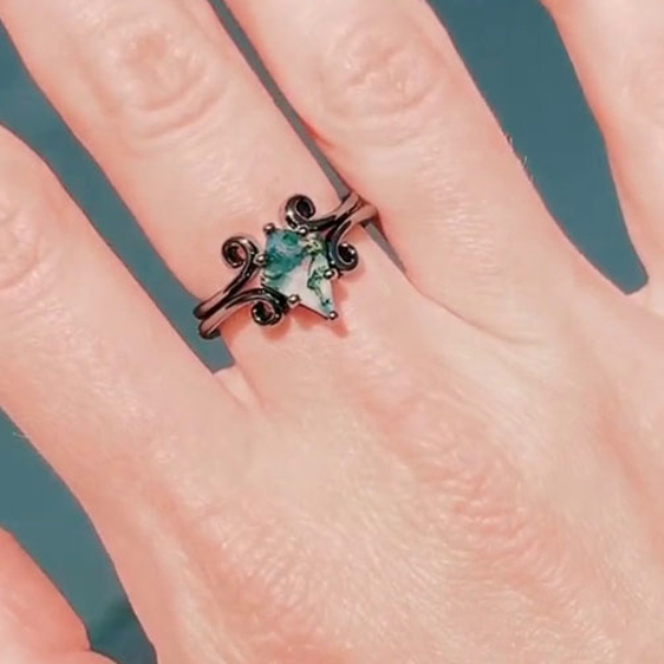 Kite Cut Green Moss Agate Nature Inspired Black Sterling Silver Bridal Sets