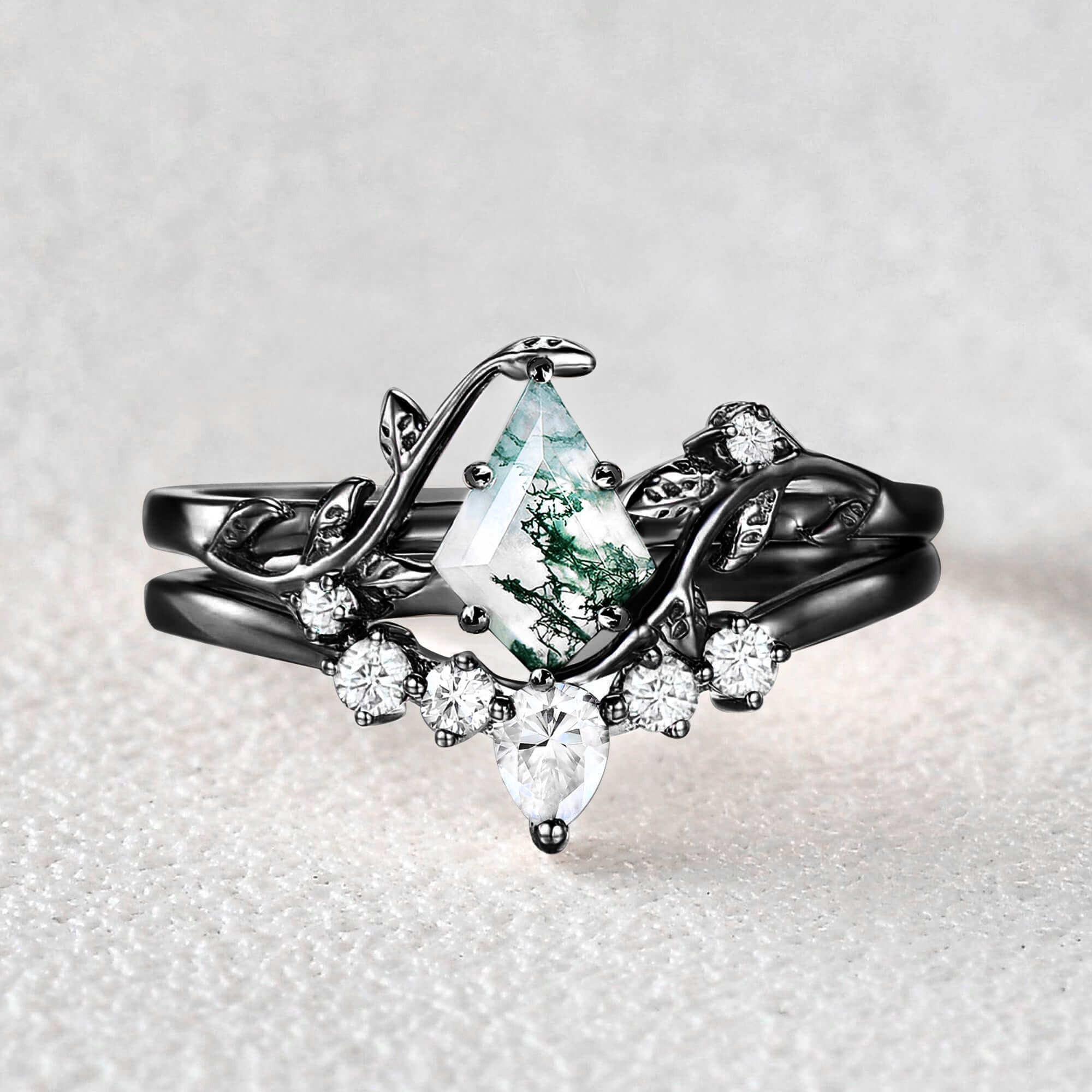 Kite Cut Green Moss Agate Nature Inspired Sterling Silver Bridal Ring Set