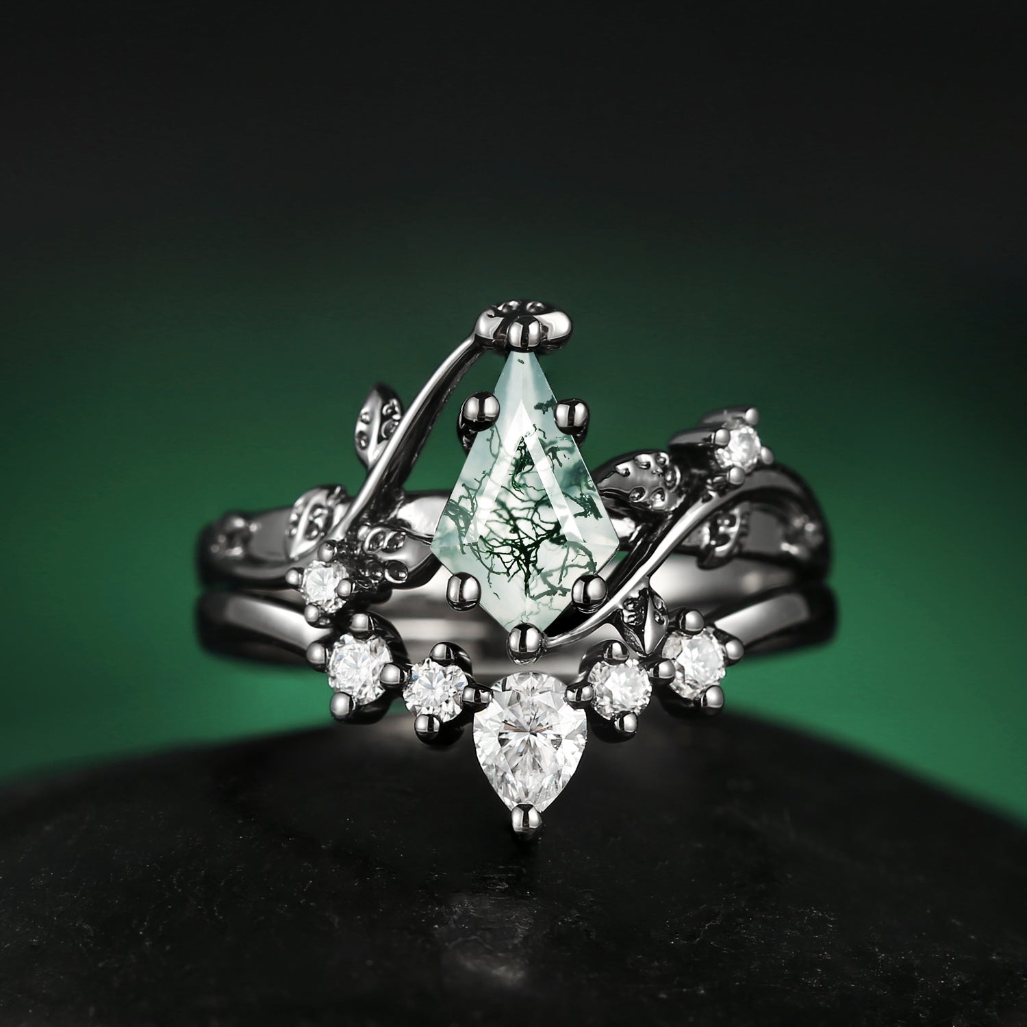 Kite Cut Green Moss Agate Nature Inspired Sterling Silver Bridal Ring Set