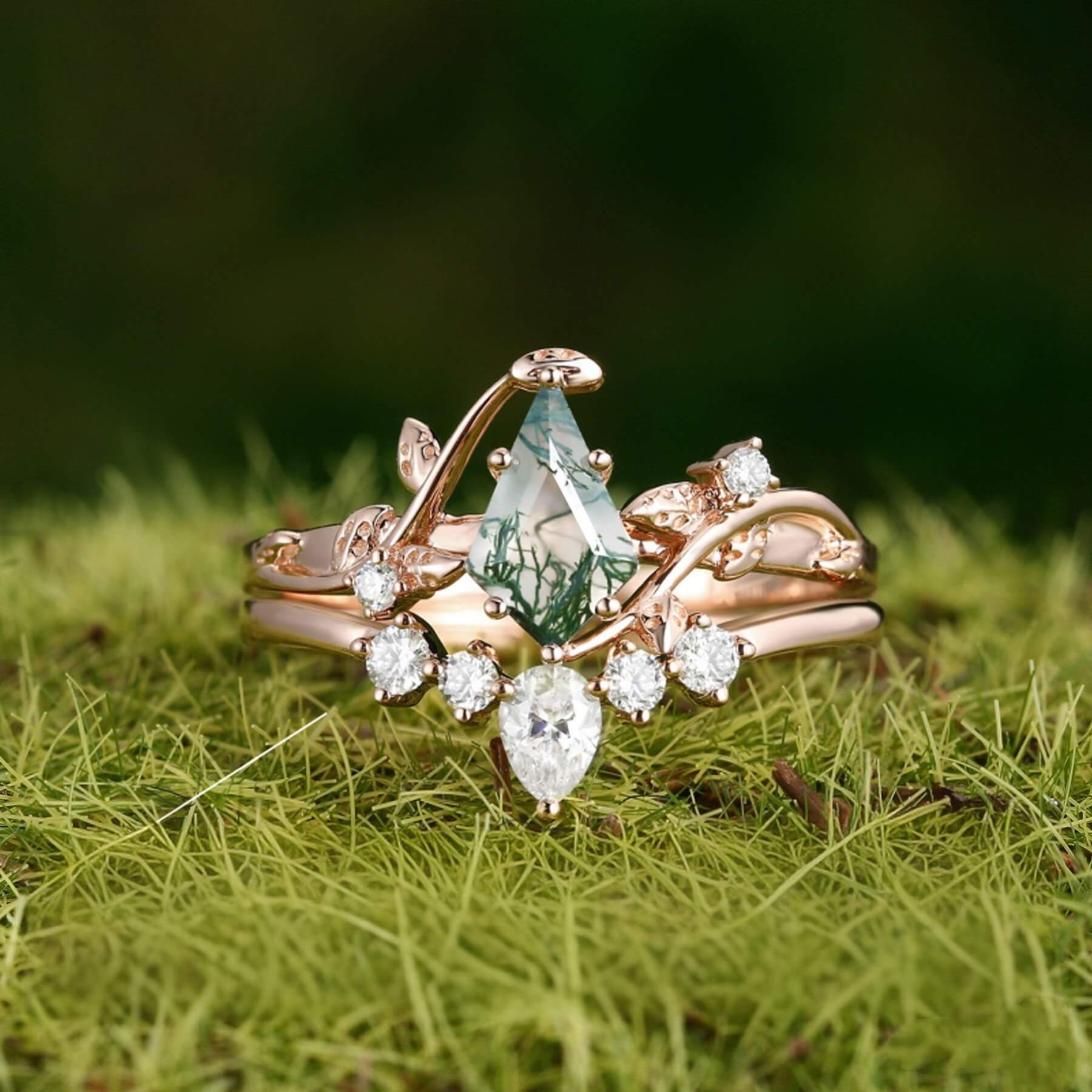 Kite Cut Green Moss Agate Nature Inspired Sterling Silver Bridal Ring Set