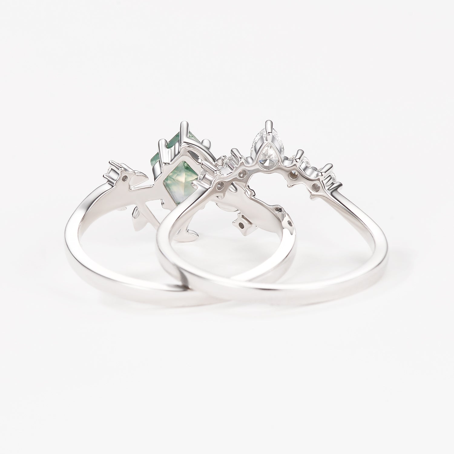 Kite Cut Green Moss Agate Nature Inspired Sterling Silver Bridal Ring Set