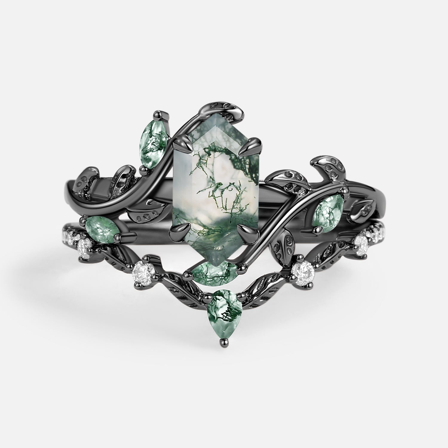 Hexagonal Cut Green Moss Agate Nature Inspired Sterling Silver Bridal Ring Set