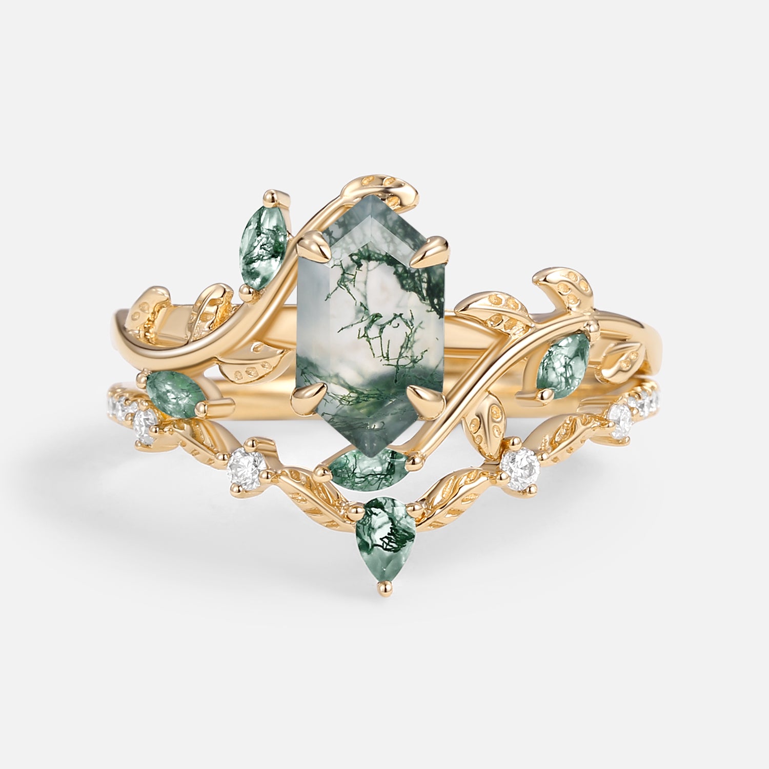 Hexagonal Cut Green Moss Agate Nature Inspired Sterling Silver Bridal Ring Set