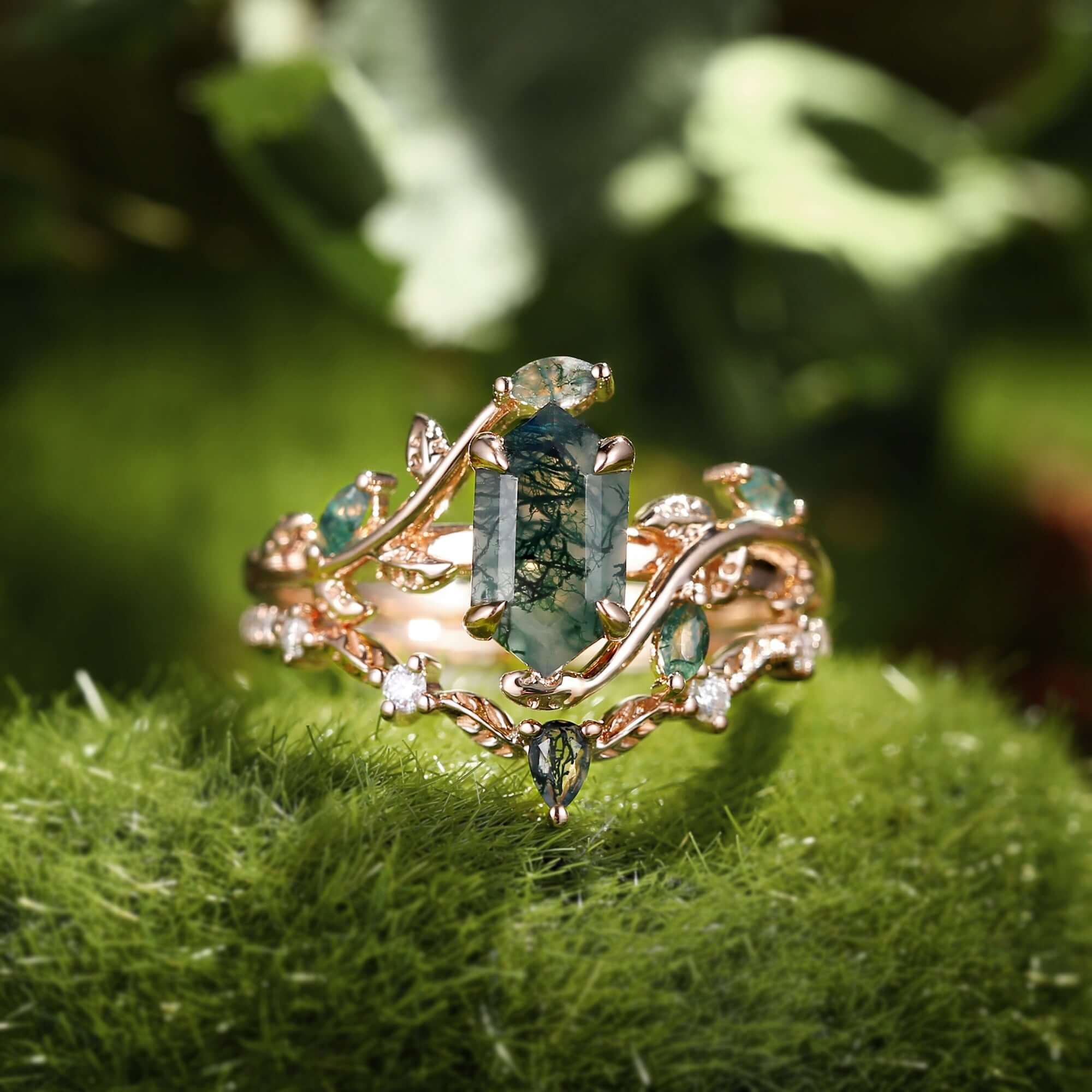 Hexagonal Cut Green Moss Agate Nature Inspired Sterling Silver Bridal Ring Set