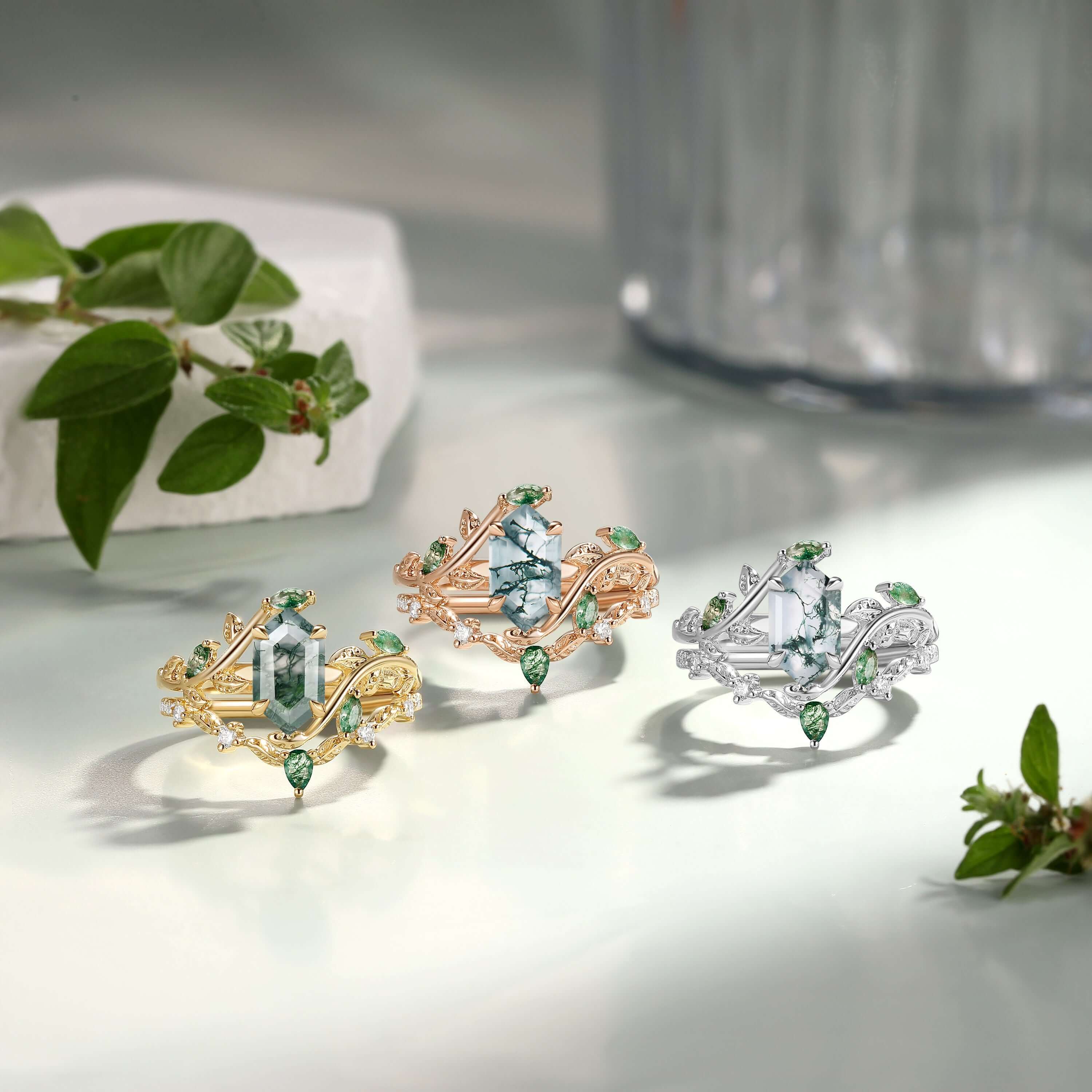 Hexagonal Cut Green Moss Agate Nature Inspired Sterling Silver Bridal Ring Set