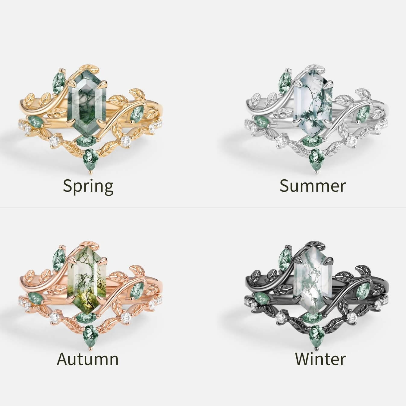 Hexagonal Cut Green Moss Agate Nature Inspired Sterling Silver Bridal Ring Set