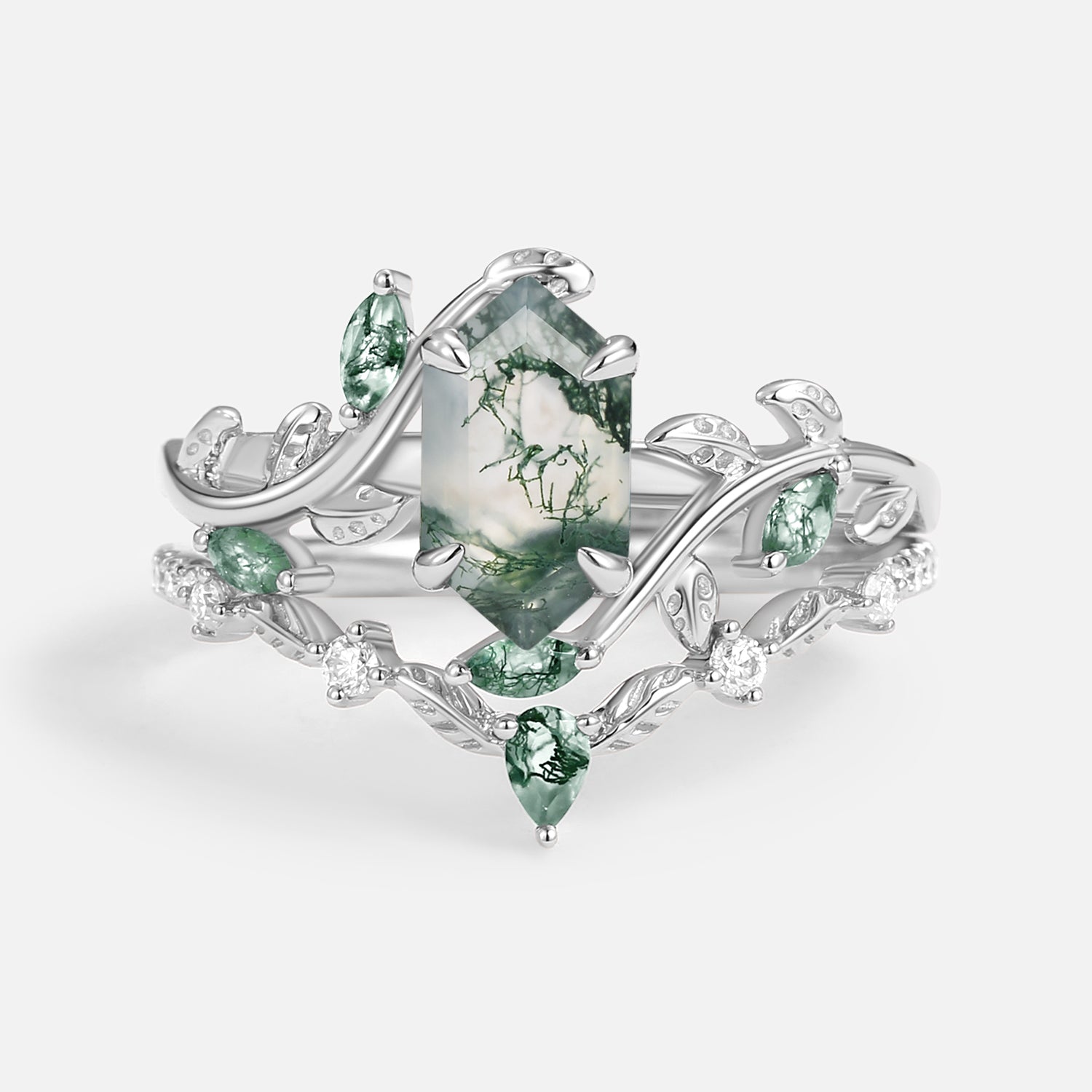 Hexagonal Cut Green Moss Agate Nature Inspired Sterling Silver Bridal Ring Set