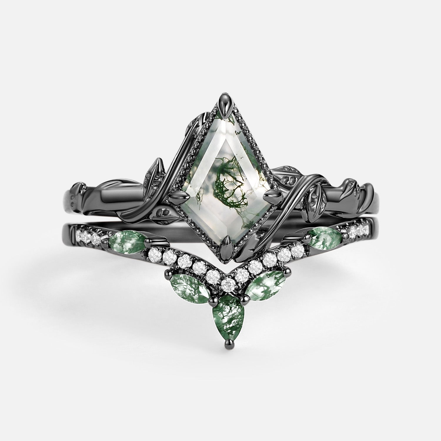 Kite Cut Green Moss Agate Nature Inspired Sterling Silver Bridal Ring Set