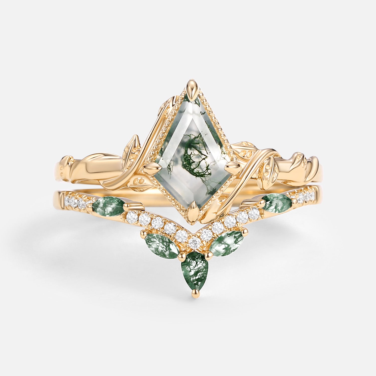 Kite Cut Green Moss Agate Nature Inspired Sterling Silver Bridal Ring Set