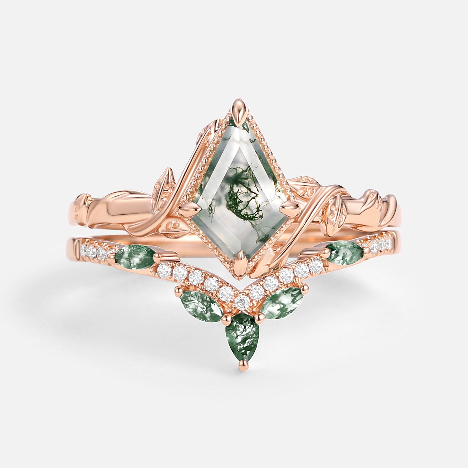 Kite Cut Green Moss Agate Nature Inspired Sterling Silver Bridal Ring Set