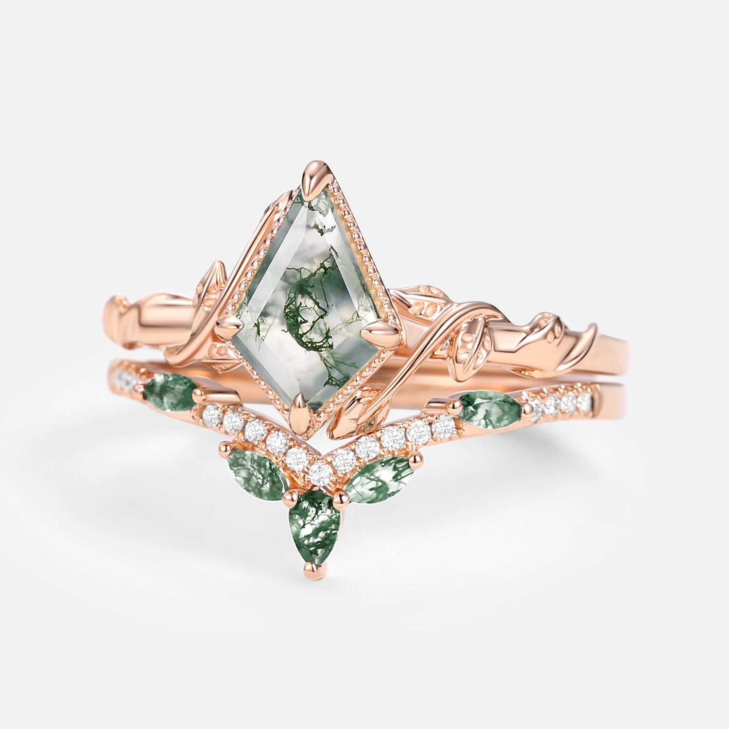 Kite Cut Green Moss Agate Nature Inspired Sterling Silver Bridal Ring Set