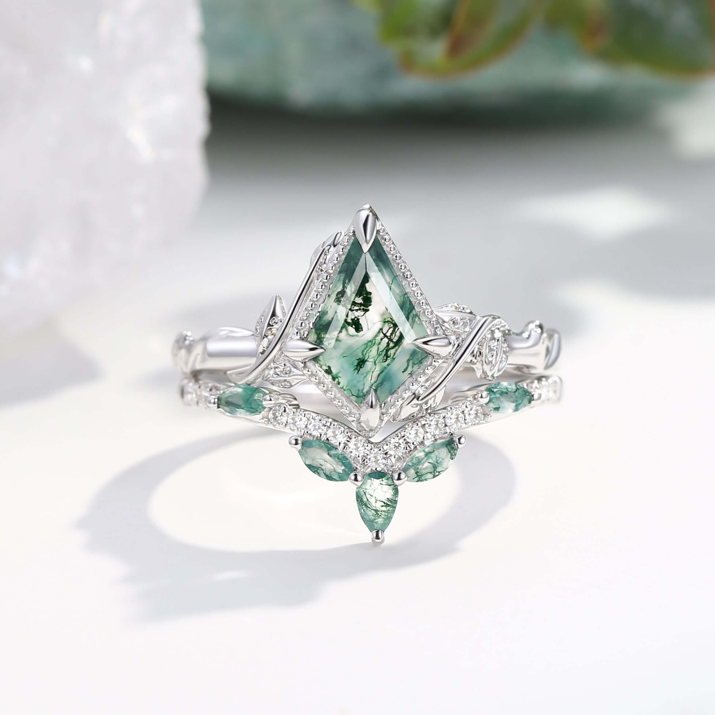 Kite Cut Green Moss Agate Nature Inspired Sterling Silver Bridal Ring Set