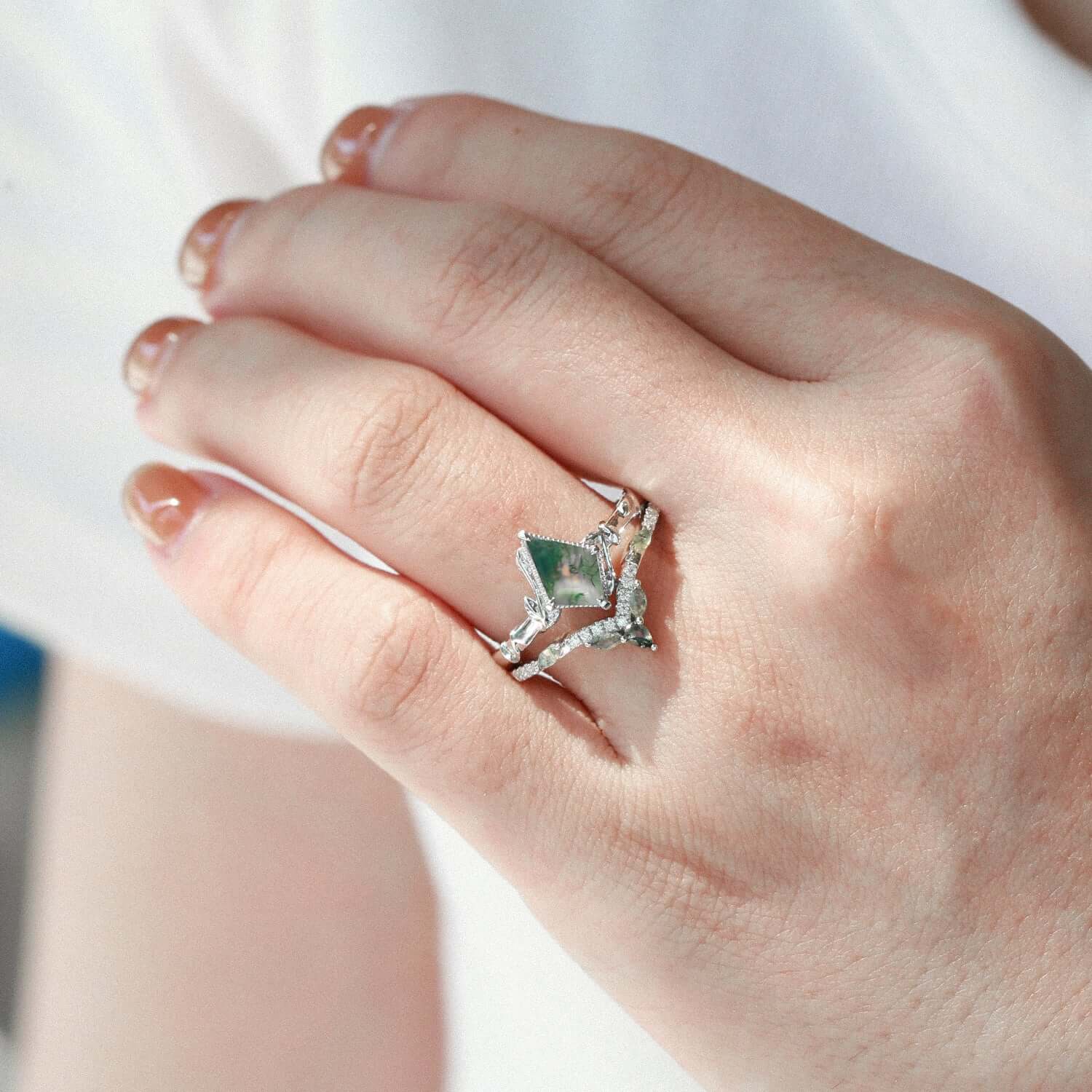 Kite Cut Green Moss Agate Nature Inspired Sterling Silver Bridal Ring Set