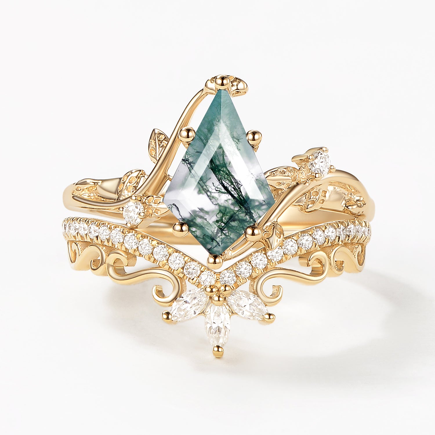 Kite Cut Green Moss Agate Nature Inspired Sterling Silver Bridal Ring Set