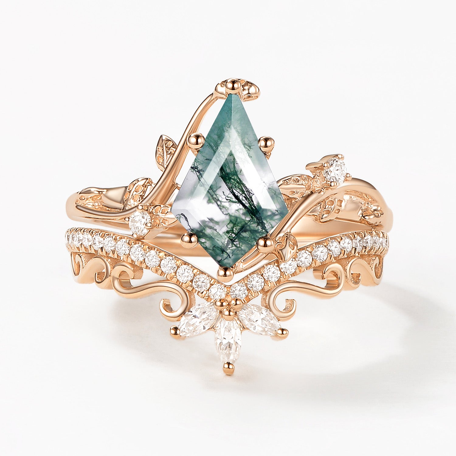 Kite Cut Green Moss Agate Nature Inspired Sterling Silver Bridal Ring Set