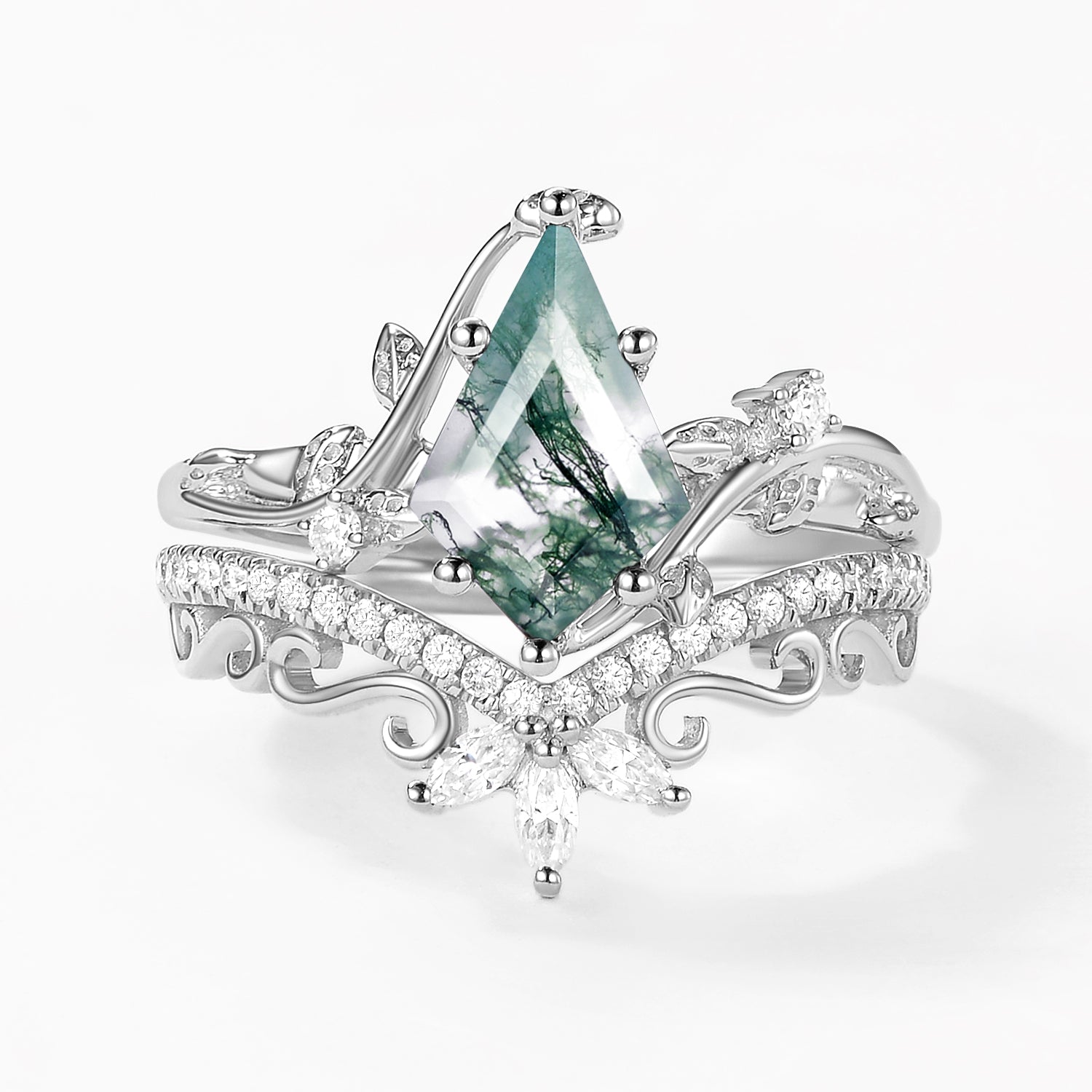 Kite Cut Green Moss Agate Nature Inspired Sterling Silver Bridal Ring Set
