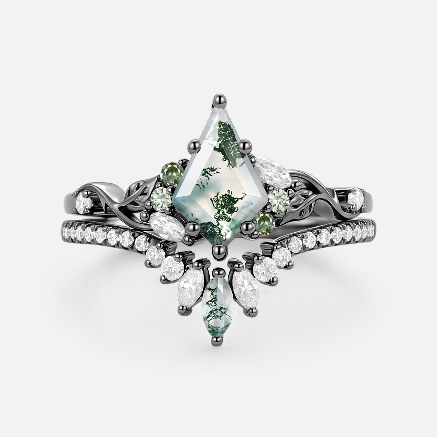 Kite Cut Green Moss Agate Nature Inspired Sterling Silver Bridal Ring Set