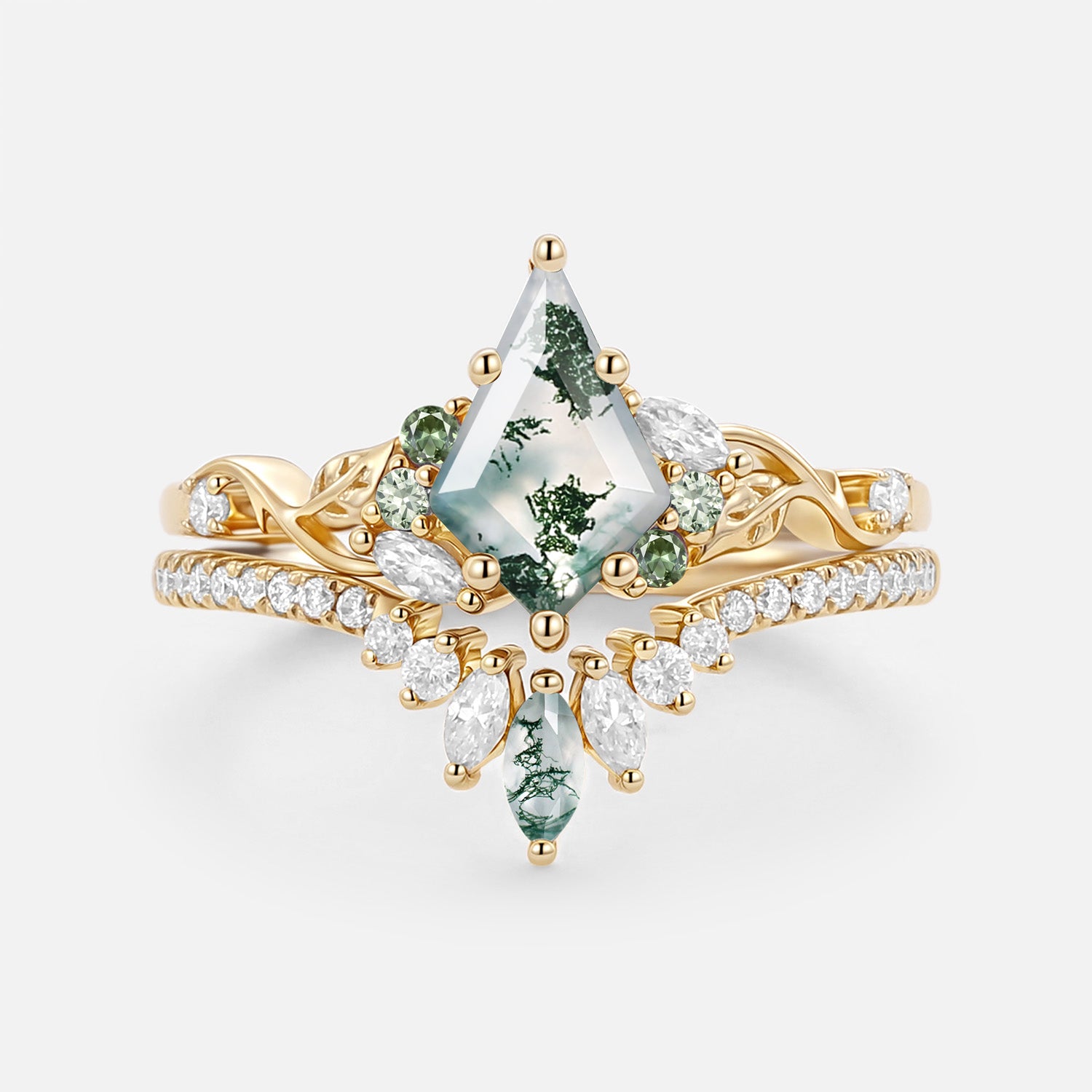 Kite Cut Green Moss Agate Nature Inspired Sterling Silver Bridal Ring Set