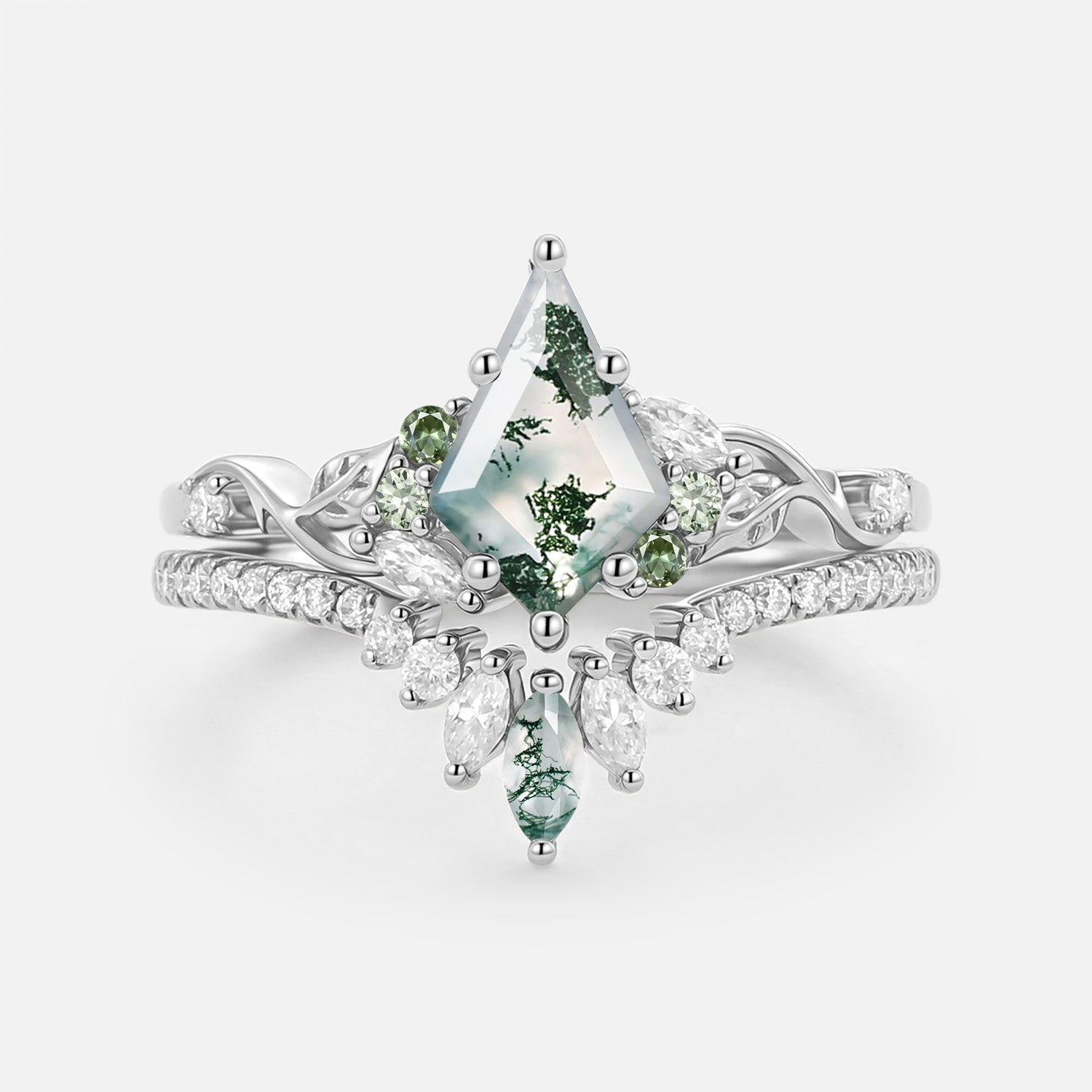 Kite Cut Green Moss Agate Nature Inspired Sterling Silver Bridal Ring Set