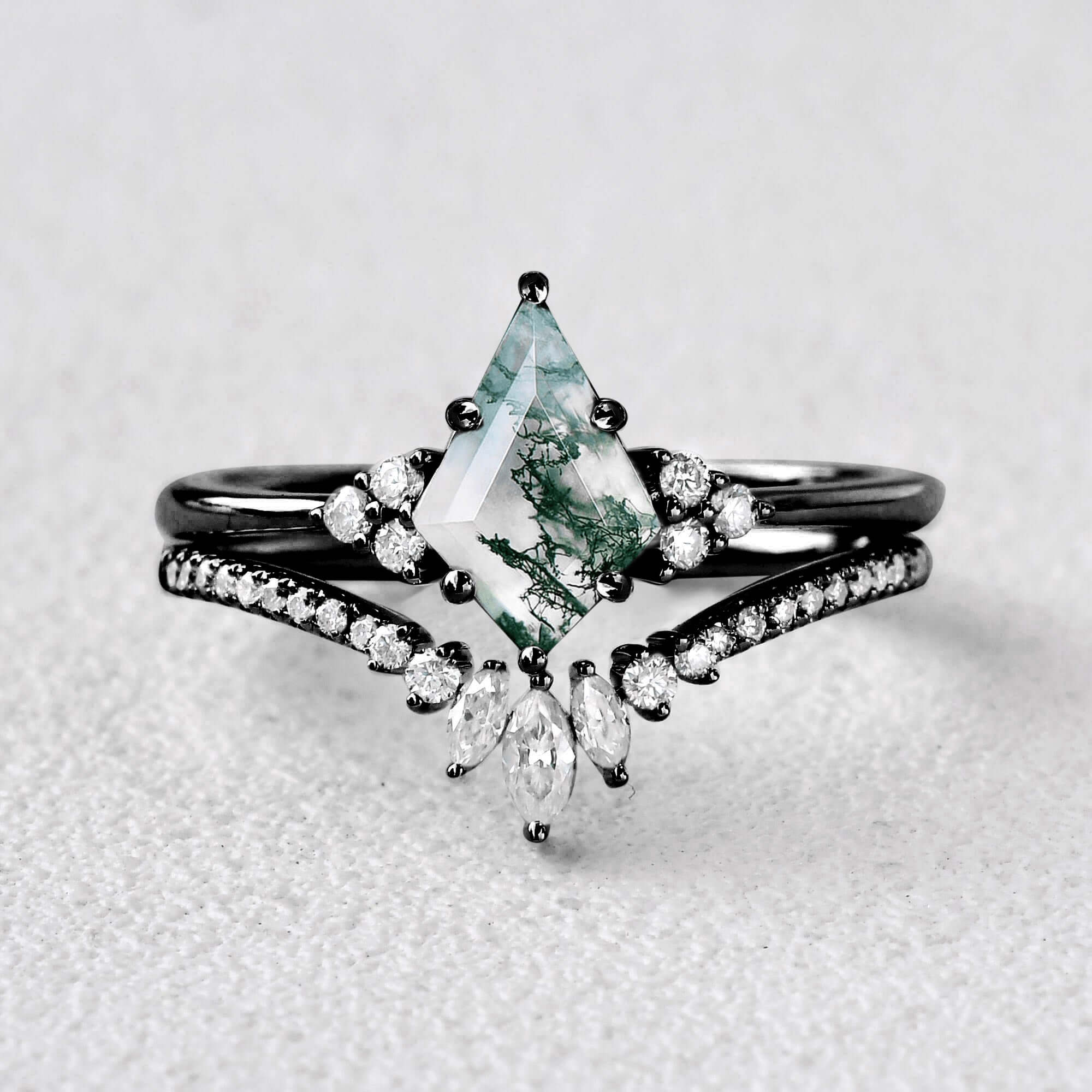 Kite Cut Green Moss Agate Nature Inspired Sterling Silver Bridal Ring Set
