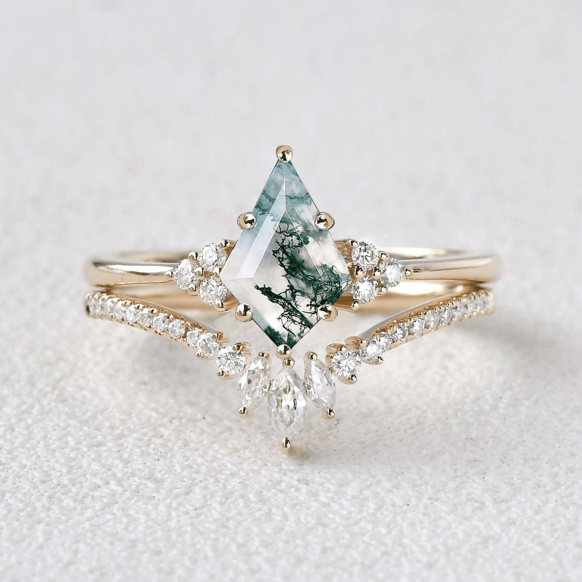 Kite Cut Green Moss Agate Nature Inspired Sterling Silver Bridal Ring Set