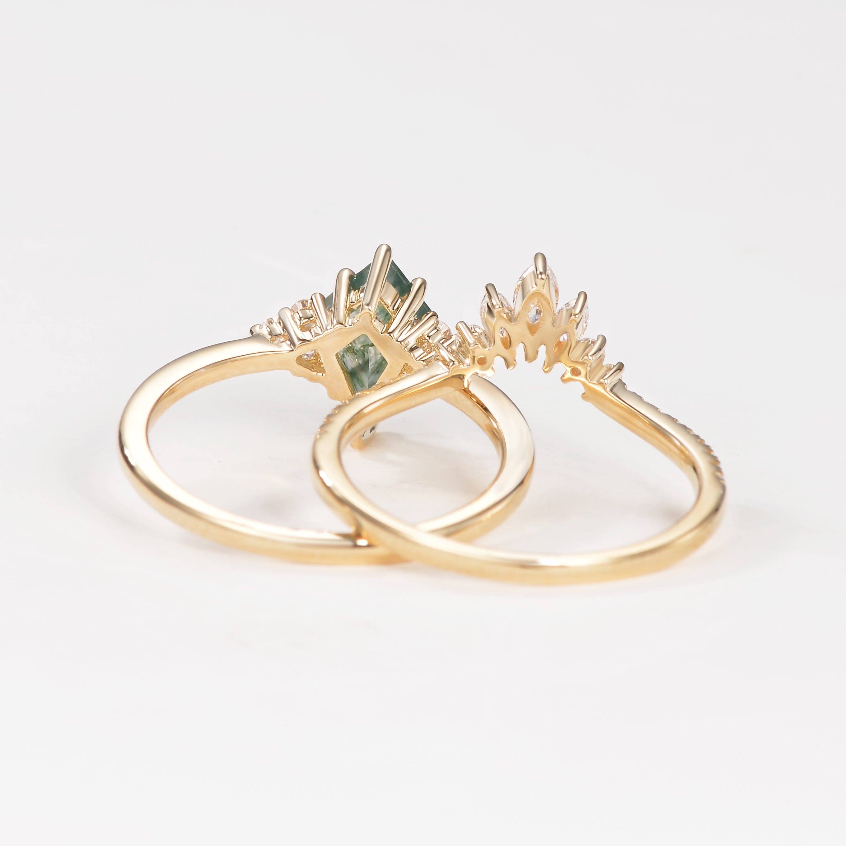 Kite Cut Green Moss Agate Nature Inspired Sterling Silver Bridal Ring Set