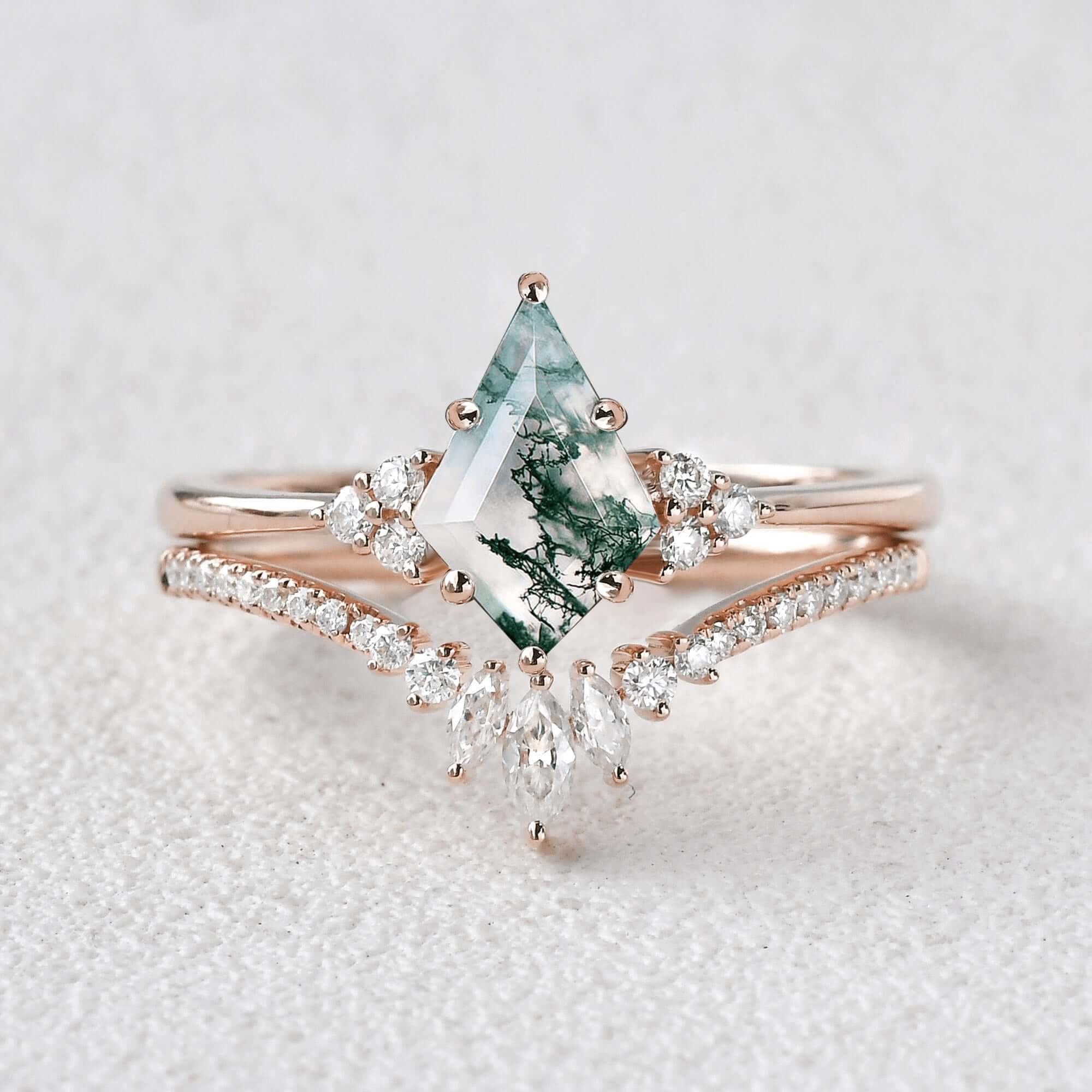 Kite Cut Green Moss Agate Nature Inspired Sterling Silver Bridal Ring Set