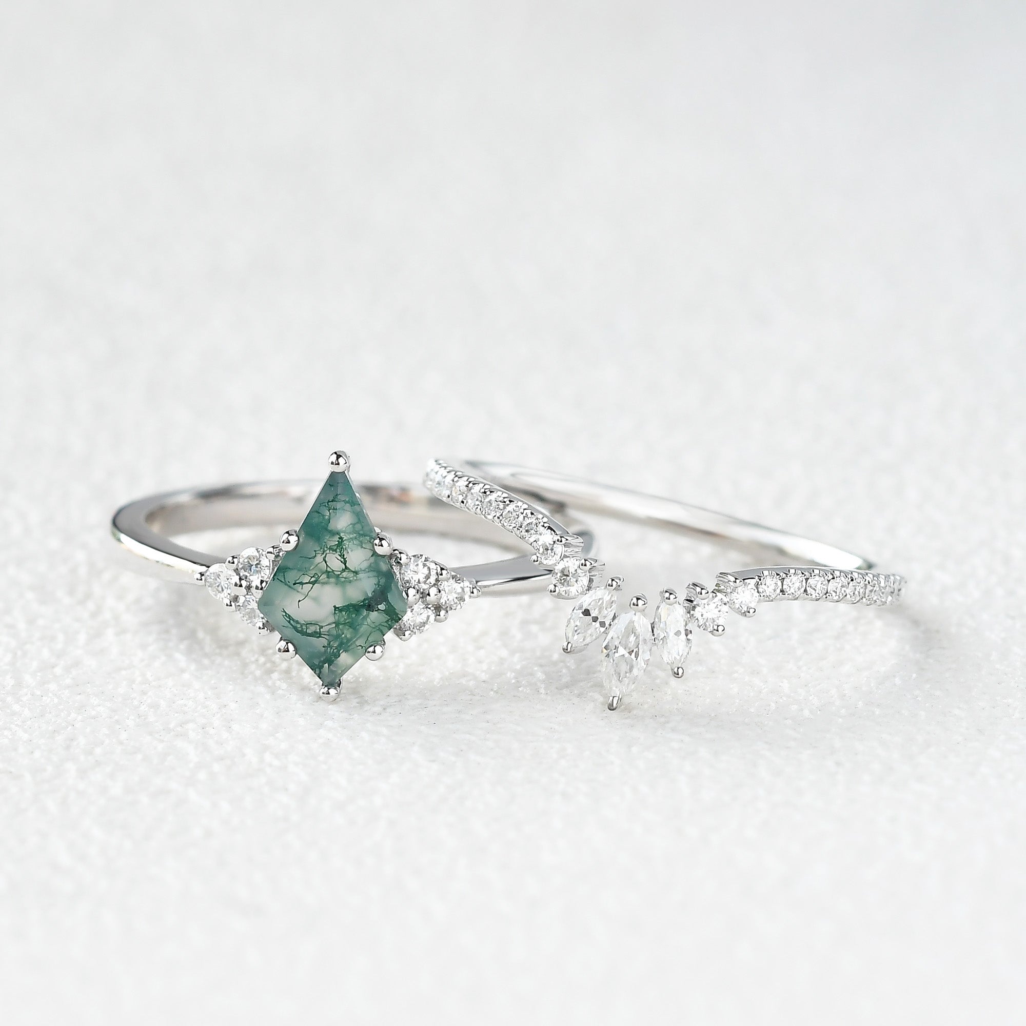 Kite Cut Green Moss Agate Nature Inspired Sterling Silver Bridal Ring Set
